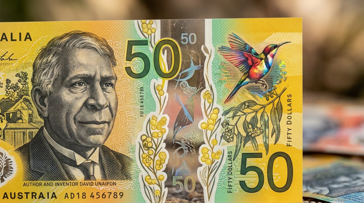 Stylized modern Australian polymer currency notes showing advanced security features